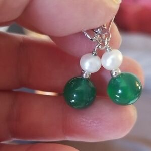 Pearl And Green Stone Earrings Set In Silver.